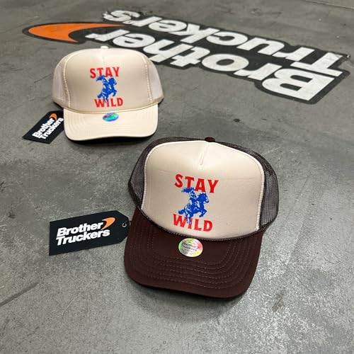 Stay Wild Trucker Hat | Vintage Cowboy Cowgirl Western Funny | Premium Mesh Foam Snapback Hat for Men & Women - color: Hot Pink/White