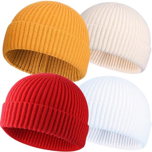 ROYBENS Wool Fisherman Beanies for Men Knit Short Watch Cap Winter Warm Hat - color: 4pcs-beige,yellow, Red, White
