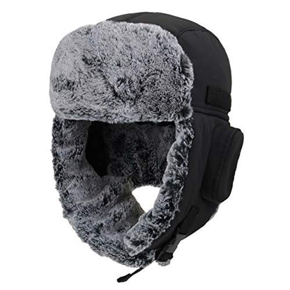 Connectyle Men's Trapper Hat with Faux Fur Linning Eskimo Windproof Winter Warm Hats Ushanka Hunting Hat - color: Black
