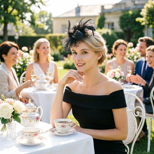 DRESHOW Fascinators Hat Feather Headband Women's Fascinators Tea Party Headwear with Clip Flower Head Band for Girls & Women - color: 8.7" Diameter / Black