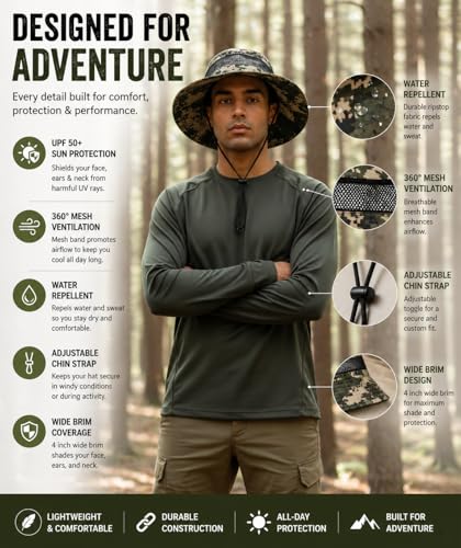 Camo Bucket Sun Hat with Mesh Band and Chin Strap, Wide Brim Boonie Hat for Outdoor Activities - color: Green & Brown Camo