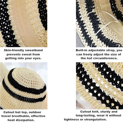 Gogobear Summer Straw Sun Hat for Women Outdoor Striped Beach Bucket Hat - color: Black