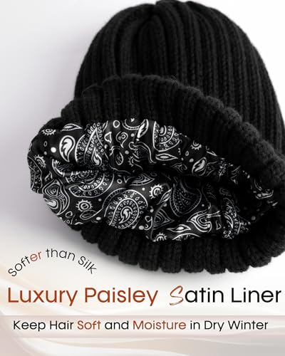 FURTALK Womens Winter Beanie Hat Satin Lined Faux Fur Pom Pom Beanies Hat for Women Winter Warm Knit Hats - color: Black