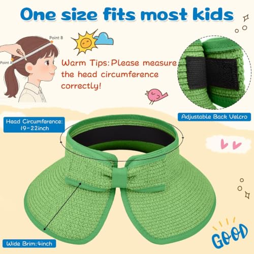ZOORON Girls Straw Sun Visor Hat, Wide Brim Ponytail Beach Hat with Bow - color: Grass Green