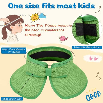 ZOORON Girls Straw Sun Visor Hat, Wide Brim Ponytail Beach Hat with Bow - color: Grass Green