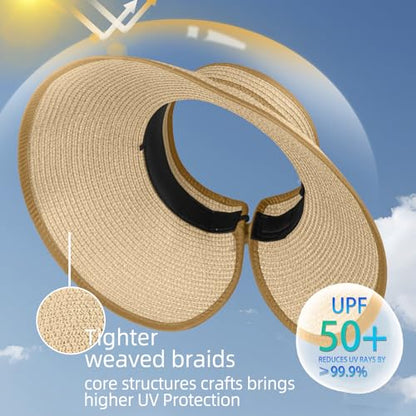 Women's Sun Visor Hats Wide Brim Straw Beach Hat Ponytail Hats for Women Foldable Floppy - color: 1pack-beige/Khaki