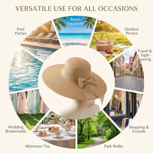 ericotry Womens Folable Floppy Hat Wide Floppy Brim Summer Beach Sun Hat Large Brimmed Garden Beach Sun Hat Big Summer Straw Cap Party Garden Travel (Khaki)