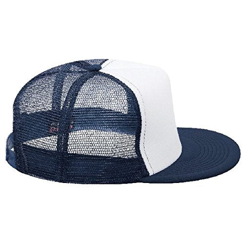OTTO SNAP Round Flat Visor High Crown Mesh Back 5 Panel Trucker Snapback - color: Nvy/Wht/Nvy