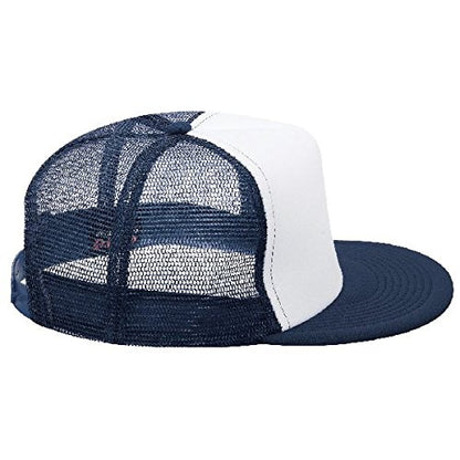 OTTO SNAP Round Flat Visor High Crown Mesh Back 5 Panel Trucker Snapback - color: Nvy/Wht/Nvy