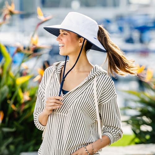 Wallaroo Hat Company Women's Sanitas Ponytail Sun Hat – UPF 50+, Packable Bucket Hat, Chin Strap, Adjustable - color: White/Navy