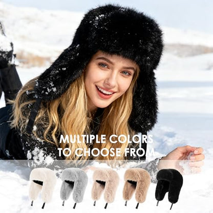 Trapper Hat with Ear Flaps - Winter Russian-Style Fur Pilot Ushanka, Windproof Skiing for Men & Women - color: Black02