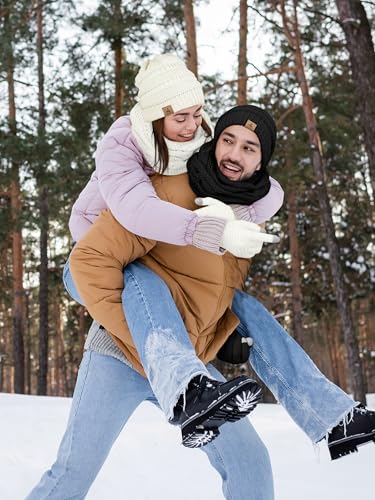 LOROME Winter Beanie Hat Scarf Gloves, Warm Fleece Knit Neck Scarf Set Gift - color: Ivory