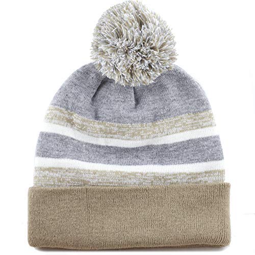 Winter Knit Beanie Hat with Pom Pom – Warm Cuffed Slouch Ski Cap for Men & Women - color: 1.khaki and Grey With Pom