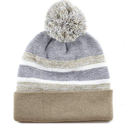 Winter Knit Beanie Hat with Pom Pom – Warm Cuffed Slouch Ski Cap for Men & Women - color: 1.khaki and Grey With Pom