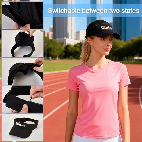 2-in-1 Convertible Golf Visor & Baseball Cap, Lightweight Breathable Sports Hat for Men & Women, Adjustable 100% Polyester - color: Black