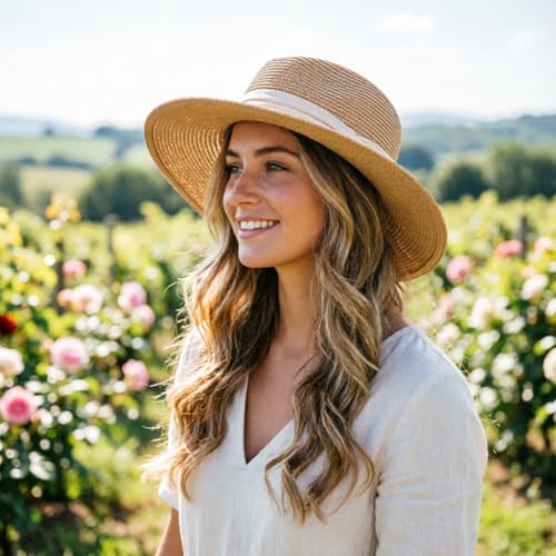 DRESHOW Women Straw Panama Hat Travel Fedora Beach Sun Hat Summer Wide Brim Straw Roll up Hat UPF 50+ - color: Panama Straw Hat: Khaki (Beige Ribbon)