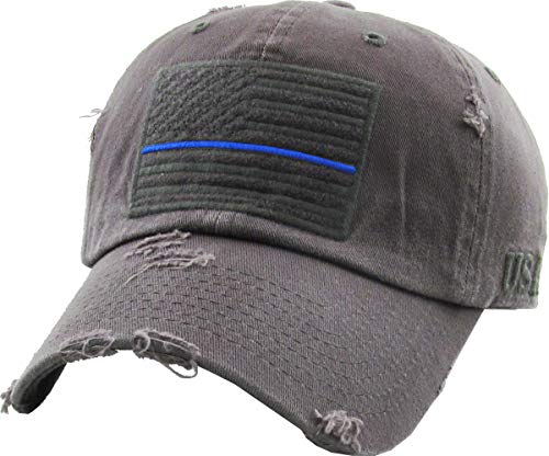 KBETHOS Flag USA America Military Thin Blue Line Thin Red Line Vintage Distressed Baseball Cap Dad Hat Unisex Adjustable… - color: Dark Gray Blue Tactical Operator Classic