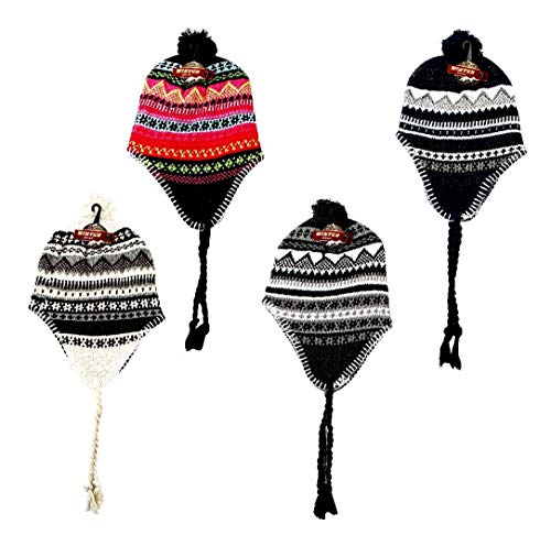 Wholesale Lot of 12 Men's Peruvian Ski Hat Beanie with Earflap Pom Pom Flannel LinedWarm Winter Gear