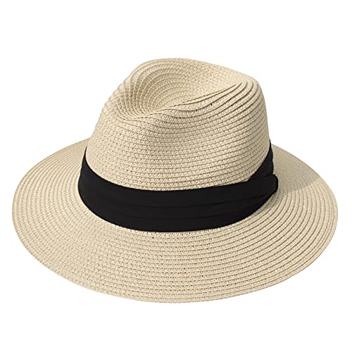 AQOKKA Summer Straw Fedora Hat for Women Men Travel Panama Hat with Wide Brim Roll Up Sun Hat for Beach Outdoor UPF 50+ - color: 1 Pack: Beige