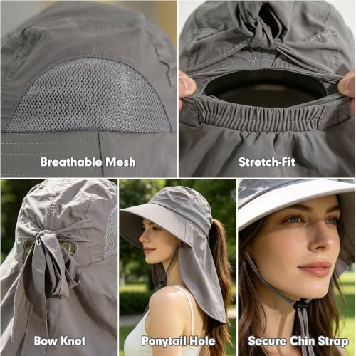 Womens Sun Hat UV Protection, Foldable Waterproof Wide Brim Bucket Hats with Neck Flap for Summer Beach Fishing Hiking - color: Light Gray1