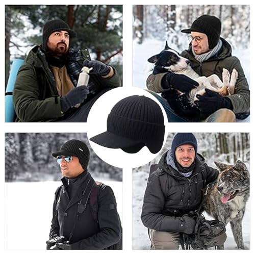 Unisex Cozy Head Beanie with Brim and Ear Flaps - color: Black