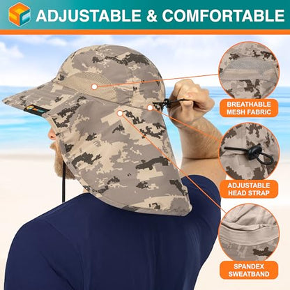SUN CUBE Wide Brim Sun Hat with Neck Flap for Men Women, UPF50+ Fishing - color: Gray Camo