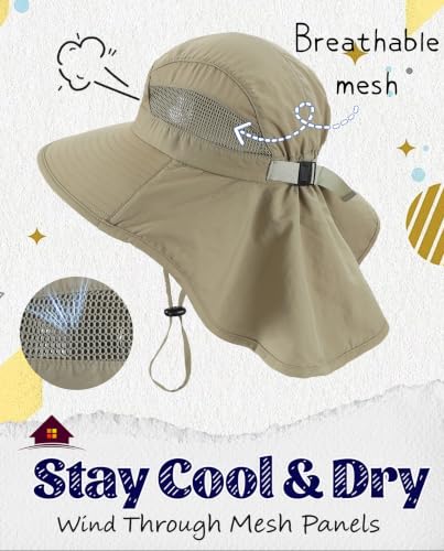 Home Prefer UPF50 Wide Brim Kids Sun Hat Neck Flap Boys Girls Sun Protection Hat for Beach Fishing - color: Khaki, size: 4-8 Years