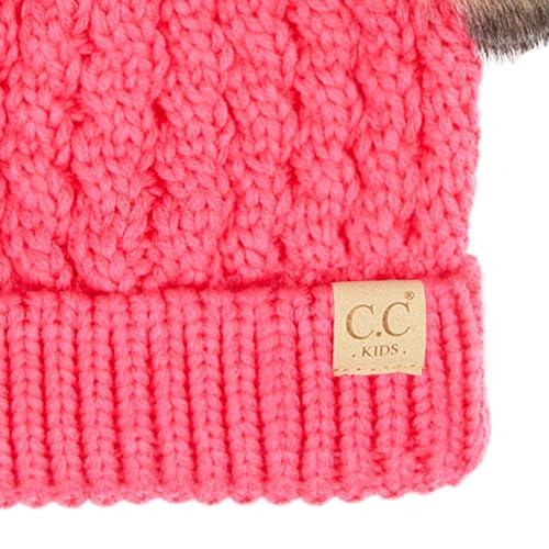 C.C Kids' Cable Knit Double Pom Beanie for Kids - Comfortable Soft Warm Children Skully Hat with Pom - color: Natural Faux Fur Pom New Candy Pink