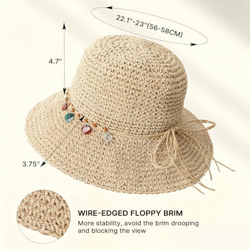 Beach Sun Hats for Women, Wide Brim Straw Hat, UPF 50+ UV Protection - color: Beige - Shell