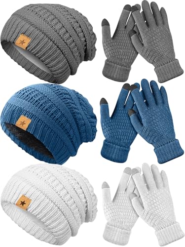 JaGely 6 Pcs Women Winter Beanie Hat Gloves Set Warm Knitted Hats and Touchscreen Gloves Lady Cold Winter Gifts for Christmas - color: Beige, Grey and Blue