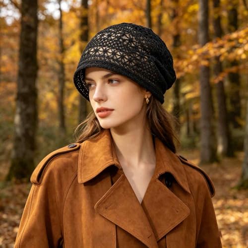 Women's Sparkly Lace Beanie Hat for Women, Lightweight Breathable Knit Skull Cap,Fashion Slouchy Beanie - color: Black 002