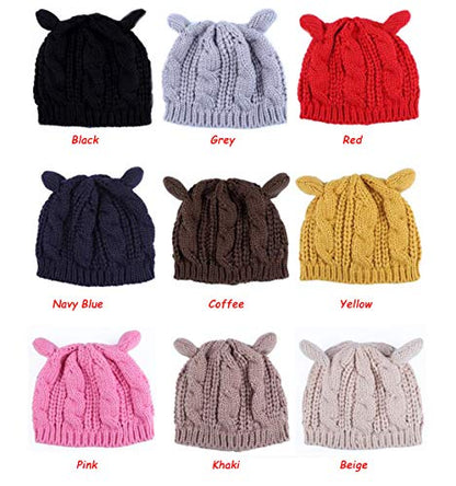 Women Winter Wool Baggy Beret Beanie Cute Devil Cat Ear Crochet Braided Knit Hat Ski Cap - color: Navy Blue