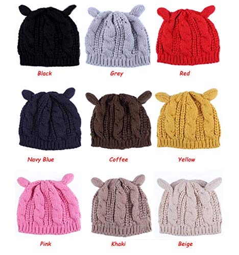 Women Winter Wool Baggy Beret Beanie Cute Devil Cat Ear Crochet Braided Knit Hat Ski Cap - color: Red