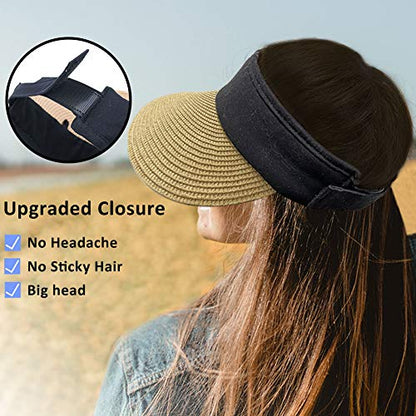 Women Straw Sun Visor Hat Wide Brim Summer UV Protection Beach Cap Foldable Packale Korean Style - color: Khaki