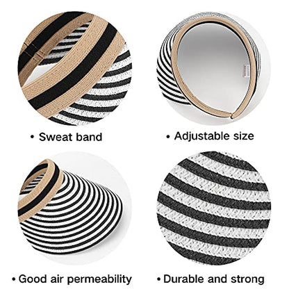 Women Summer Sun Hat Lady's Portable Beach Visor Bowknot Straw Hat - color: Black Stripe