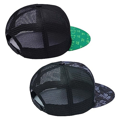 BASSDASH 2 Pack Flat Brim Trucker Cap Adjustable Snapback Hat Mesh Back for Men Women Fishing Hunting - color: Pack of 2,green and Black & Night Digital Camo