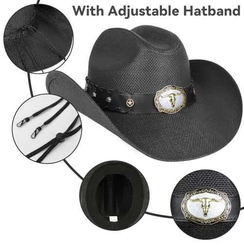 WQWOVRVO Cowboy Hat,Cowgirl hat,Brown Cowboy Hats for Women/Mens Straw Wide with Shapeable Brim Western Cowboy Hat for Womens - color: Black Color B