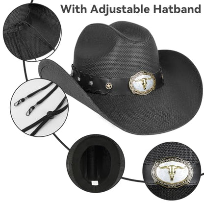 WQWOVRVO Cowboy Hat,Cowgirl hat,Brown Cowboy Hats for Women/Mens Straw Wide with Shapeable Brim Western Cowboy Hat for Womens - color: Black Color B