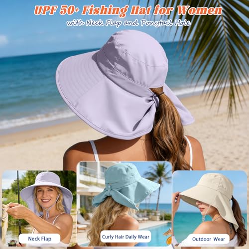 Ruqizhi Sun Hats for Women with Neck Flap Ponytail Hole Women Sun Hats Rollable UV Protection Fishing Hats Wide Brim UPF 50+ - color: Purple