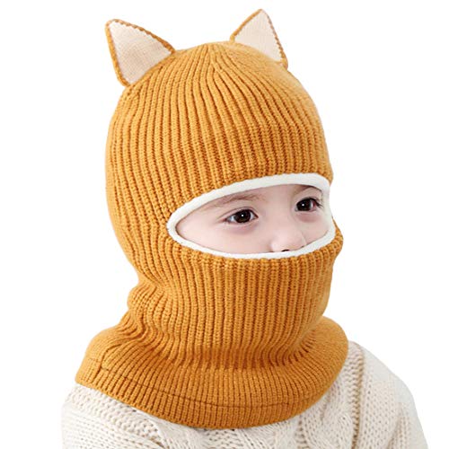 Toddler Winter Hat Baby Balaclava 2 in 1,Fleece Lined Knitted Beanie with Face Mask, Ear Flaps & Pom Pom for Boys Girls - color: Cat-yellow
