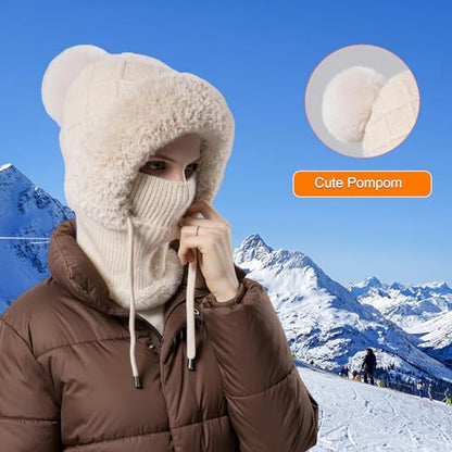 HUAMULAN Women Cable Knit Balaclavas Winter Fleece Lined Beanie Hat - color: Beige With String