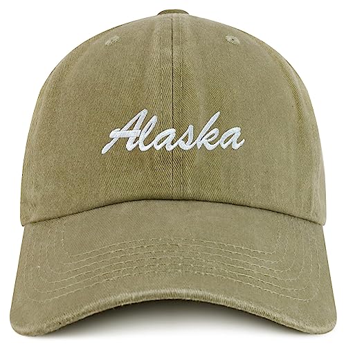 Trendy Apparel Shop Alaska State Embroidered Low Profile Adjustable Cotton Cap - color: Khaki