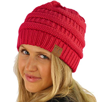 CC Classic Winter Fall Trendy Chunky Stretchy Cable Knit Beanie Hat - color: Solid Hot Pink