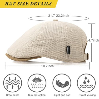Xinveen British Retro Newsboy Hat Breathable Painter Hat Adjustment Beret Ivy Cap Irish Cabbie Driving Hunting Hats - color: Beige