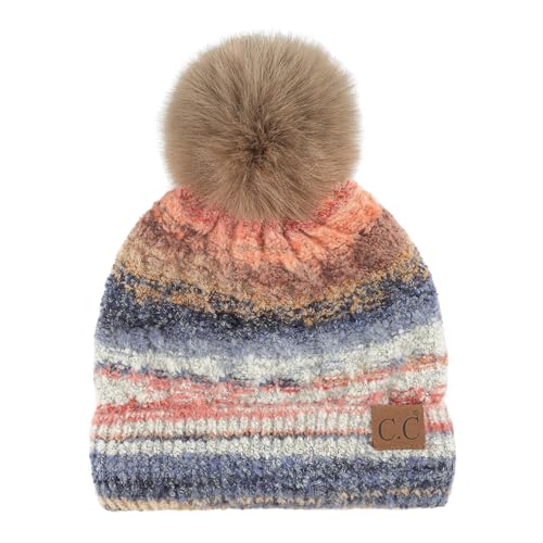 C.C Multi Color Space Dye Wool Stretchable Soft Warm Pom Beanie with Faux Fur Pom Knit Winter Skully Hat. - color: Taupe Combo
