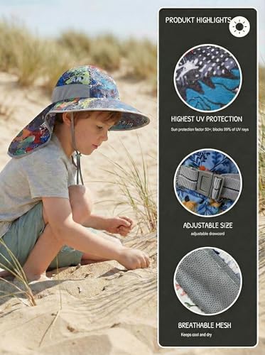 icolor Kids Sun Hat UPF50+ Sun Protection Bucket Hat Toddler Summer Beach Play Hats with Neck Flap for Girl Boy Ages 3~10 - color: Cutedinosaur