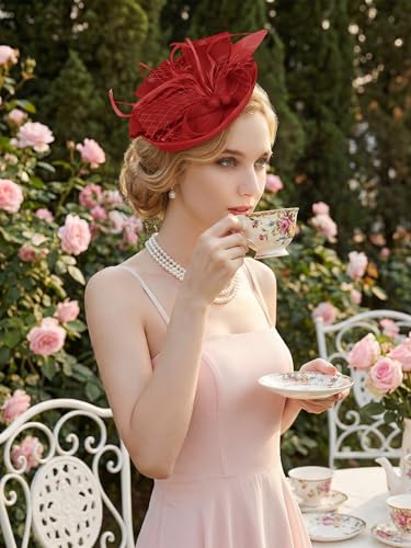 Women Fascinators Hats Tea Party Headband Hair Clip Feathers Hat for Wedding Cocktail Party - color: Red