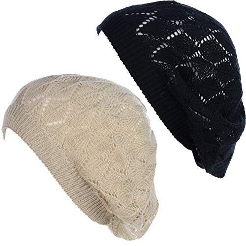 BYOS Chic Parisian Style Soft Lightweight Crochet Cutout Knit Beret Beanie Hat - color: 2-pack Leafy Beige & Black