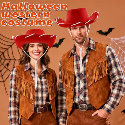 Cowgirl Hat,Western Cowboy Hats Wild West Classic Wide Brim Headwear for Men Women Halloween Cosplay,Themed Party - style: Red Cowgirl Hat With White Rope