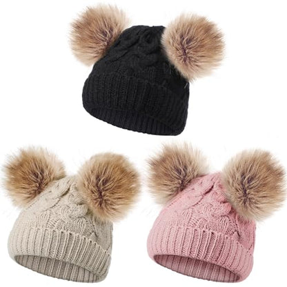 Geyoga 3 Pcs Winter Baby Beanies Double Pompom - color: Black, Light Pink, Khaki